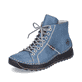 Blaugraue Rieker Damen Schnürstiefel 71510-14 mit einer schockabsorbierenden Sohle. Schuh seitlich schräg.