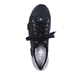 Schwarze Rieker Damen Sneaker Low N4931-00 mit Schnürung sowie goldenen Ösen. Schuh von oben.
