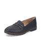 Schwarze Rieker Damen Loafer 45300-00 mit einem Elastikeinsatz. Schuh seitlich schräg.