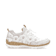 Weiße Rieker Damen Slipper N4278-90 mit Gummischnürung sowie mehrfarbigem Muster. Schuh Innenseite.
