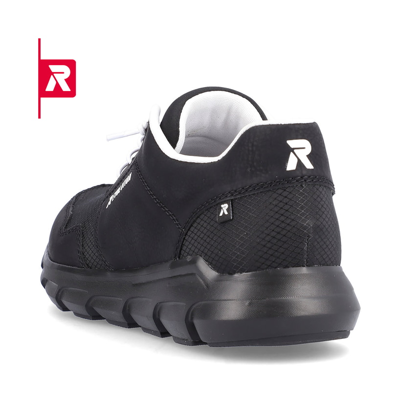 Schwarze Rieker EVOLUTION Herren Sneaker 07811-00 mit einer flexiblen Sohle. Schuh von hinten.