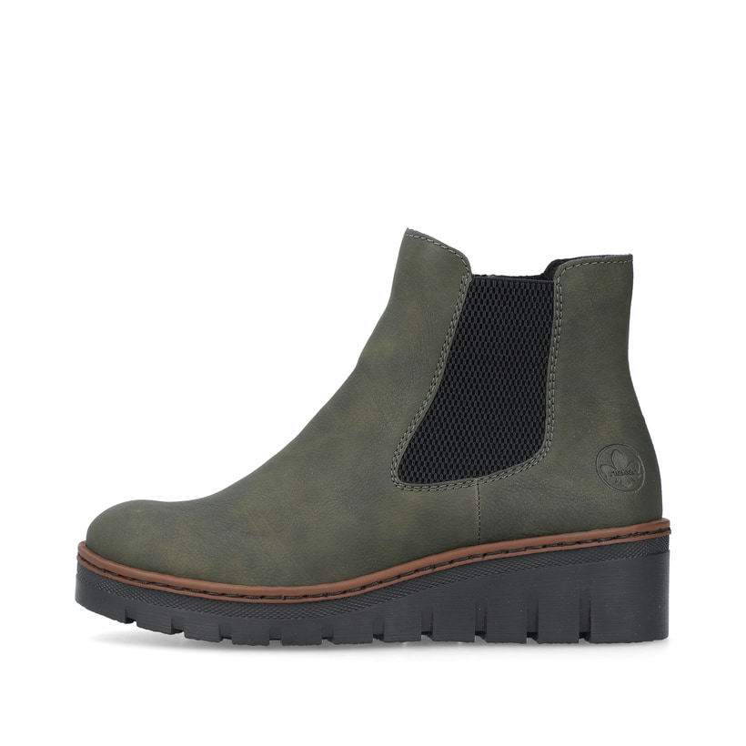 
Graugrüne Rieker Damen Chelsea Boots X9172-54 mit einer Profilsohle mit Keilabsatz. Schuh Außenseite