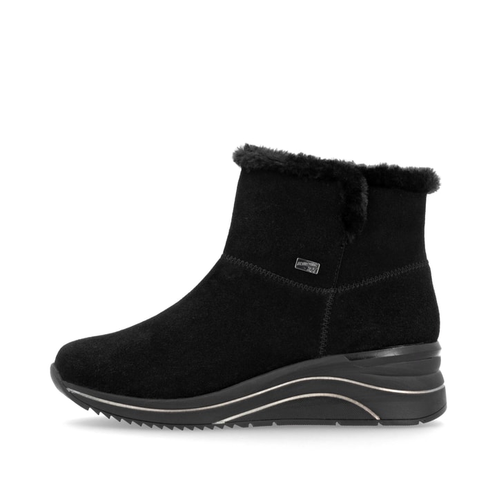 Schwarze remonte Damen Kurzstiefel D0T76-00 mit wasserabweisender TEX-Membran. Schuh Außenseite.