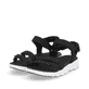 Schwarze waschbare Rieker Damen Trekkingsandalen V8452-00 mit flexibler Sohle. Schuhpaar seitlich schräg.