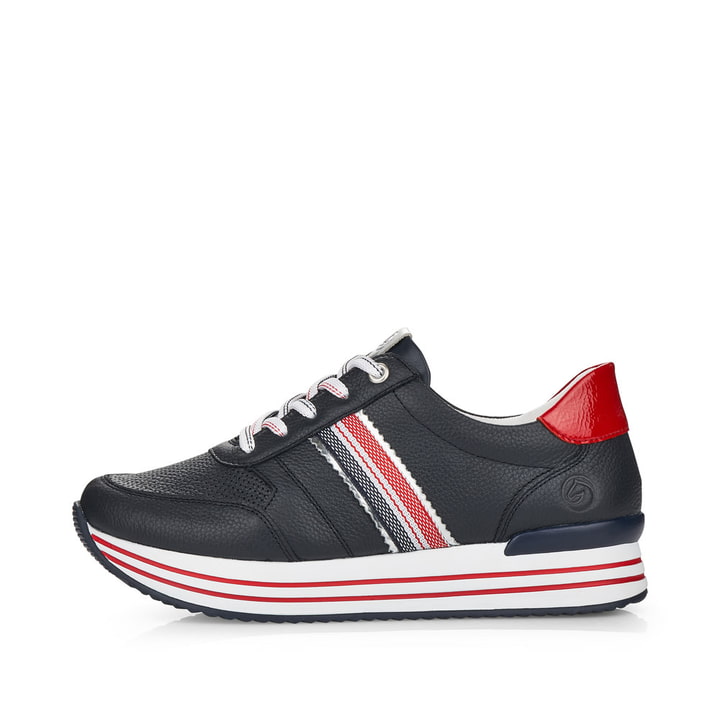
Marineblaue remonte Damen Sneaker D1305-15 mit Schnürung sowie einer Plateausohle. Schuh Außenseite