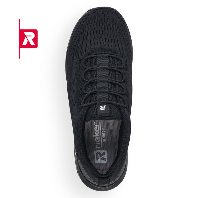 Schwarze Rieker EVOLUTION Damen Slipper 40405-00 mit einer super leichten Sohle. Schuh von oben.