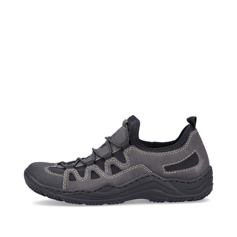 Granitgraue Rieker Damen Slipper L0502-45 mit einer schockabsorbierenden Sohle. Schuh Außenseite.