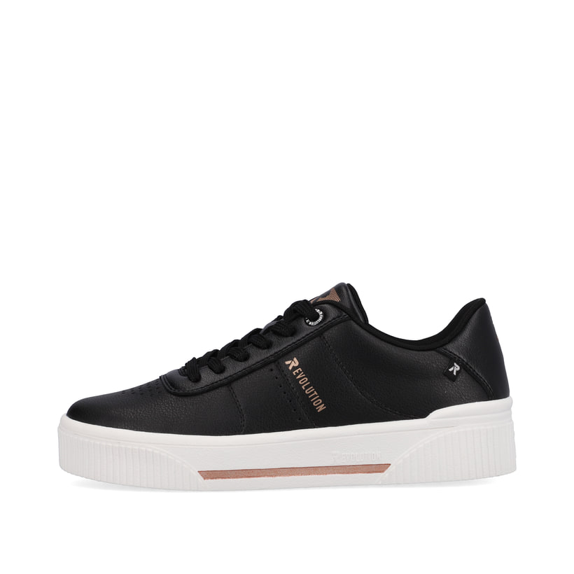 Schwarze Rieker Damen Sneaker Low W0702-00 mit strapazierfähiger Sohle. Schuh Außenseite.
