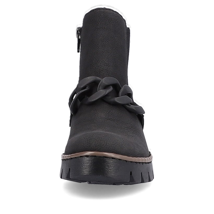 Tiefschwarze Rieker Damen Chelsea Boots X5773-00 mit einer Profilsohle mit Blockabsatz. Schuh von vorne.