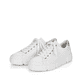Reinweiße Rieker Damen Sneaker Low N59W1-80 mit einer Schnürung. Schuhpaar seitlich schräg.