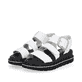 Weiße Rieker Damen Riemchensandalen W1650-80 mit einer flexiblen Sohle. Schuhpaar seitlich schräg.