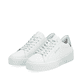 Weiße Rieker Damen Sneaker Low W0704-80 mit einer abriebfesten Sohle. Schuhpaar seitlich schräg.
