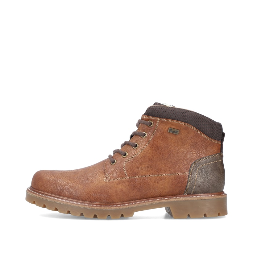 
Nougatbraune Rieker Herren Schnürstiefel 38810-25 mit einer robusten Profilsohle. Schuh Außenseite