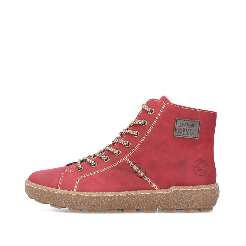 Erdbeerrote Rieker Damen Schnürstiefel N1022-33 mit einer robusten Profilsohle. Schuh Außenseite.