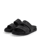 Schwarze Rieker Damen Pantoletten W1451-00 mit ultra leichter Sohle. Schuhpaar seitlich schräg.
