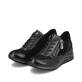 
Nachtschwarze remonte Damen Sneaker D0T01-01 mit Schnürung und Reißverschluss. Schuhpaar schräg.