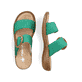 Grüne Rieker Damen Pantoletten 60894-52 mit einem Klettverschluss. Schuh von oben, liegend.