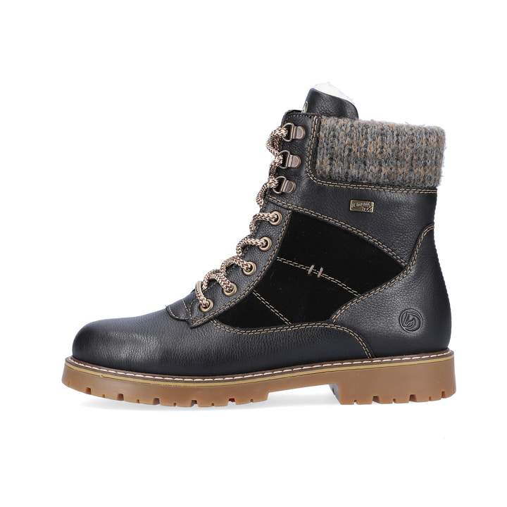 Graphitschwarze remonte Damen Schnürstiefel D9378-00 mit Flip-Grip Sohle. Schuh Außenseite.