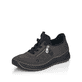 Graue Rieker Damen Slipper 51568-45 mit Gummischnürung sowie geprägtem Logo. Schuh seitlich schräg.