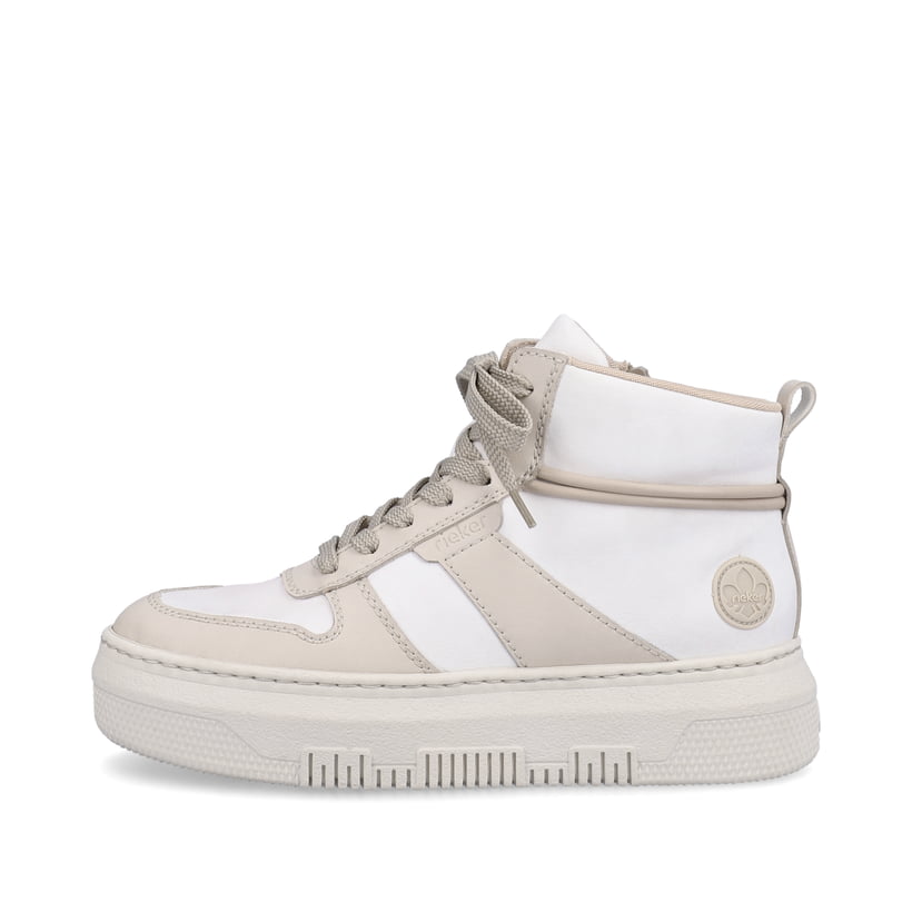 Weiße Rieker Damen Sneaker High M1907-80 mit ultra leichter Plateausohle. Schuh Außenseite.