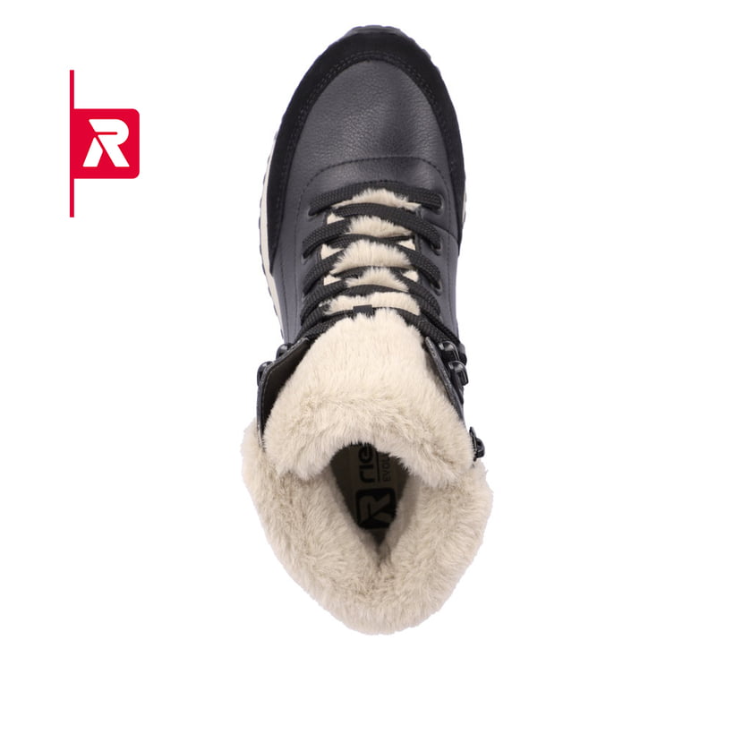 Schwarze Rieker EVOLUTION Damen Stiefel W0670-00 mit Schnürung und Reißverschluss. Schuh von oben.