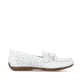 Weiße Rieker Damen Loafer 40254-80 in Löcheroptik sowie schmaler Passform E 1/2. Schuh Innenseite.