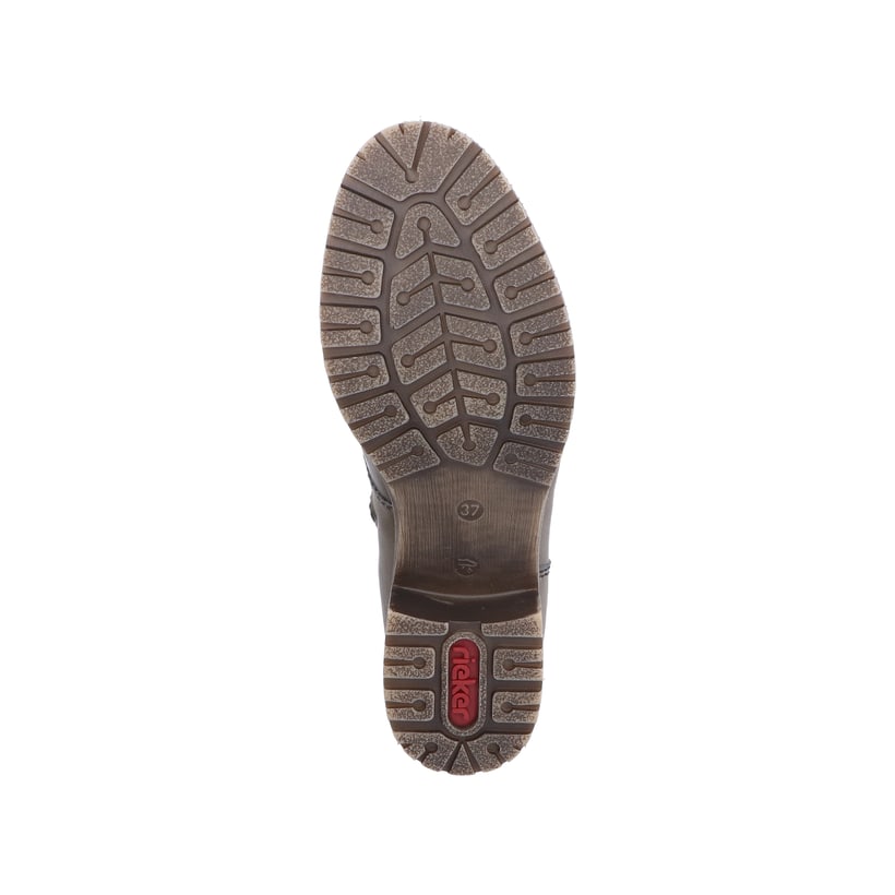 Armeegrüne Rieker Damen Schnürstiefel 70345-54 mit einer Profilsohle mit Blockabsatz. Schuh Laufsohle.