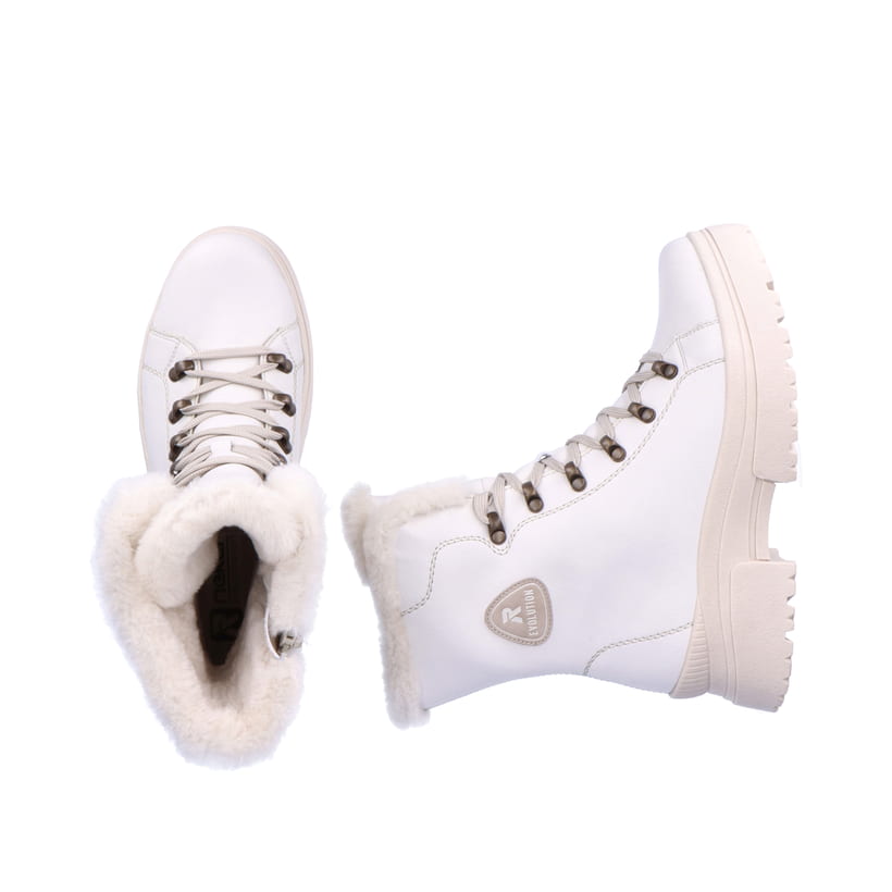 Weiße Rieker EVOLUTION Damen Stiefel W0372-80 mit Schnürung und Reißverschluss. Schuhpaar von oben.