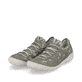 Olivgrüne Rieker Damen Slipper 54560-52 mit Gummischnürung sowie floralem Muster. Schuhpaar seitlich schräg.