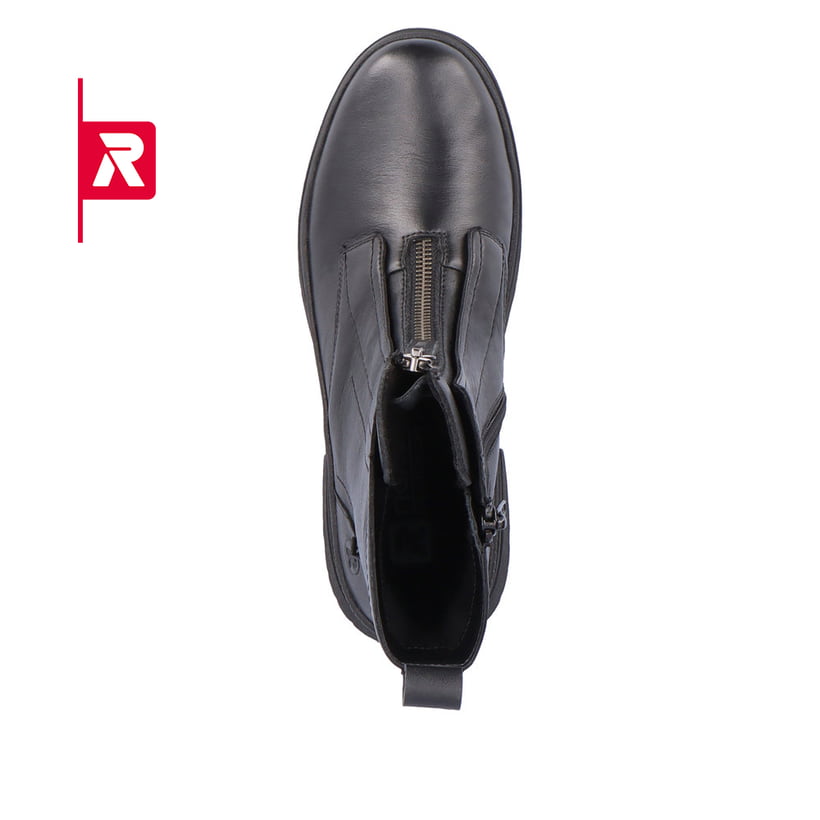 Schwarze Rieker EVOLUTION Damen Stiefel W0375-00 mit einer leichten Plateausohle. Schuh von oben.