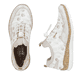 Weiße Rieker Damen Slipper N4278-90 mit Gummischnürung sowie mehrfarbigem Muster. Schuh von oben, liegend.