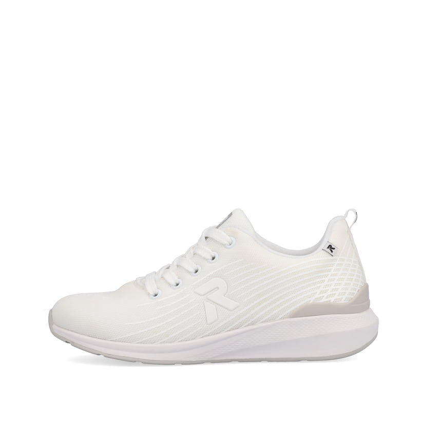 Weiße waschbare Rieker Damen Sneaker Low 40108-80 mit einer flexiblen Sohle. Schuh Außenseite.