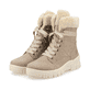 Beige remonte Damen Schnürstiefel D0E76-20 mit Schaftkragen sowie Reißverschluss. Schuhpaar seitlich schräg.