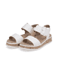 Weiße Rieker Damen Riemchensandalen W0800-80 mit einer Plateausohle. Schuhpaar seitlich schräg.