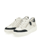 Weiße remonte Damen Sneaker R7901-80 mit Reißverschluss sowie grafischem Muster. Schuhpaar seitlich schräg.