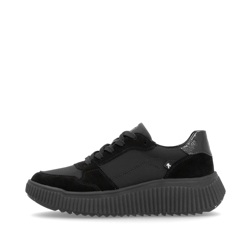 Schwarze Rieker Damen Sneaker Low W1700-00 mit einer super leichten Plateausohle. Schuh Außenseite.