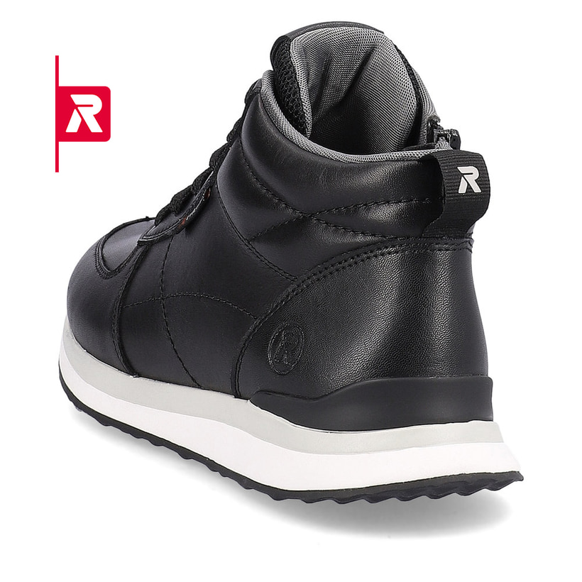 Schwarze Rieker EVOLUTION Damen Sneaker 42570-00 mit Schnürung und Reißverschluss. Schuh von hinten.