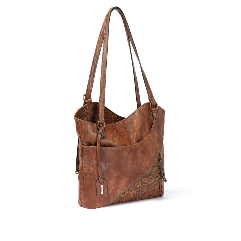 Rieker Damen Handtasche H1025-22 in Kastanienbraun aus Kunstleder mit Reißverschluss. Handtasche linksseitig.