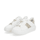 Weiße Rieker Damen Sneaker Low W1202-82 mit ultra leichter und flexibler Sohle. Schuhpaar seitlich schräg.