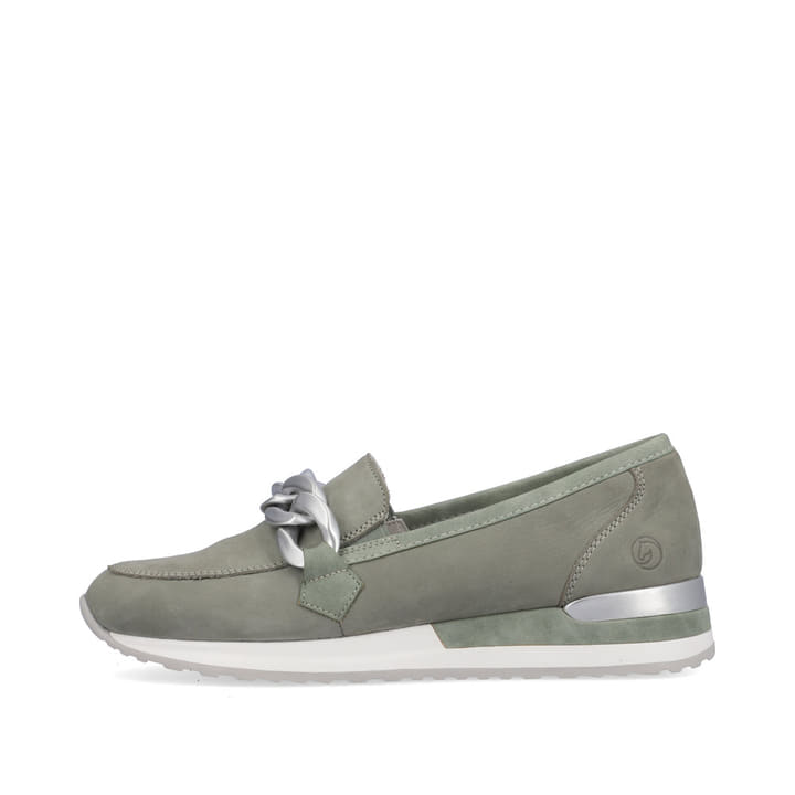 
Pastellgrüne remonte Damen Loafers R2544-52 mit einer dämpfenden Profilsohle. Schuh Außenseite