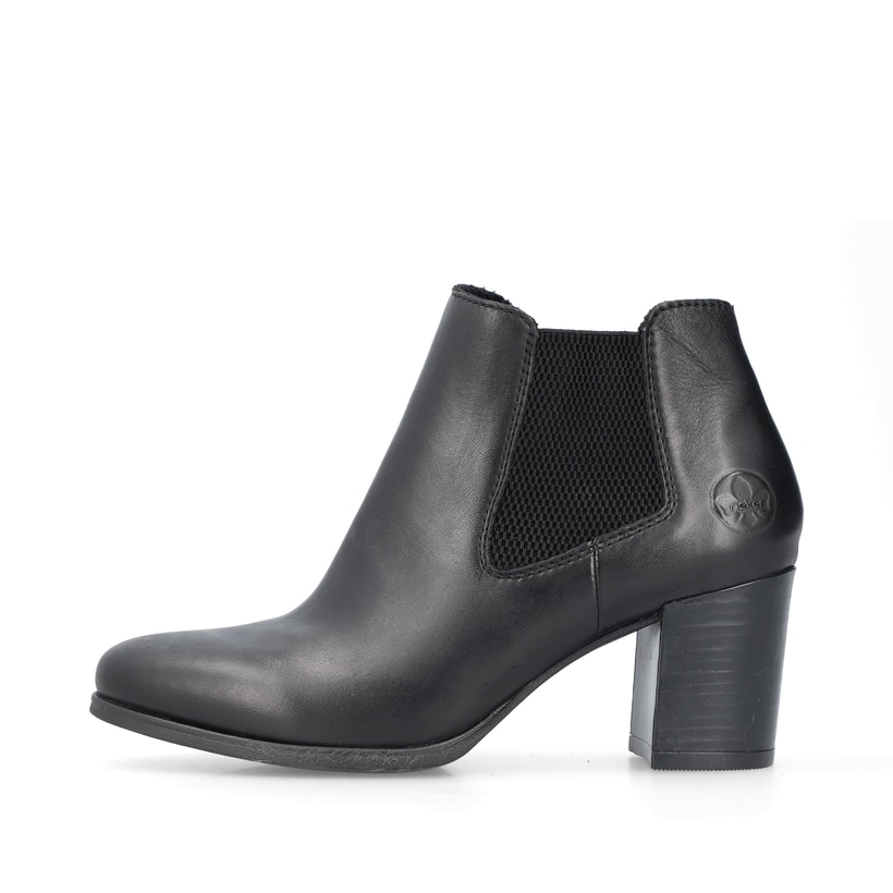 Nachtschwarze Rieker Damen Stiefeletten 50194-00 mit einem Reißverschluss. Schuh Außenseite.