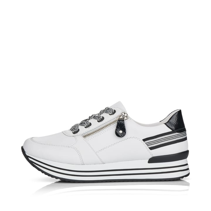 Weiße remonte Damen Sneaker D1312-80 mit einem Reißverschluss sowie Sohlenmuster. Schuh Außenseite.