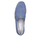 Blaue Rieker Damen Slipper N3363-10 mit Elastikeinsatz sowie schmaler Passform E. Schuh von oben.