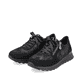 
Nachtschwarze Rieker Damen Sneaker Low N1411-90 mit einer schockabsorbierenden Sohle. Schuhpaar schräg.