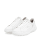 Weiße Rieker Damen Sneaker Low W1100-80 mit super leichter und flexibler Sohle. Schuhpaar seitlich schräg.