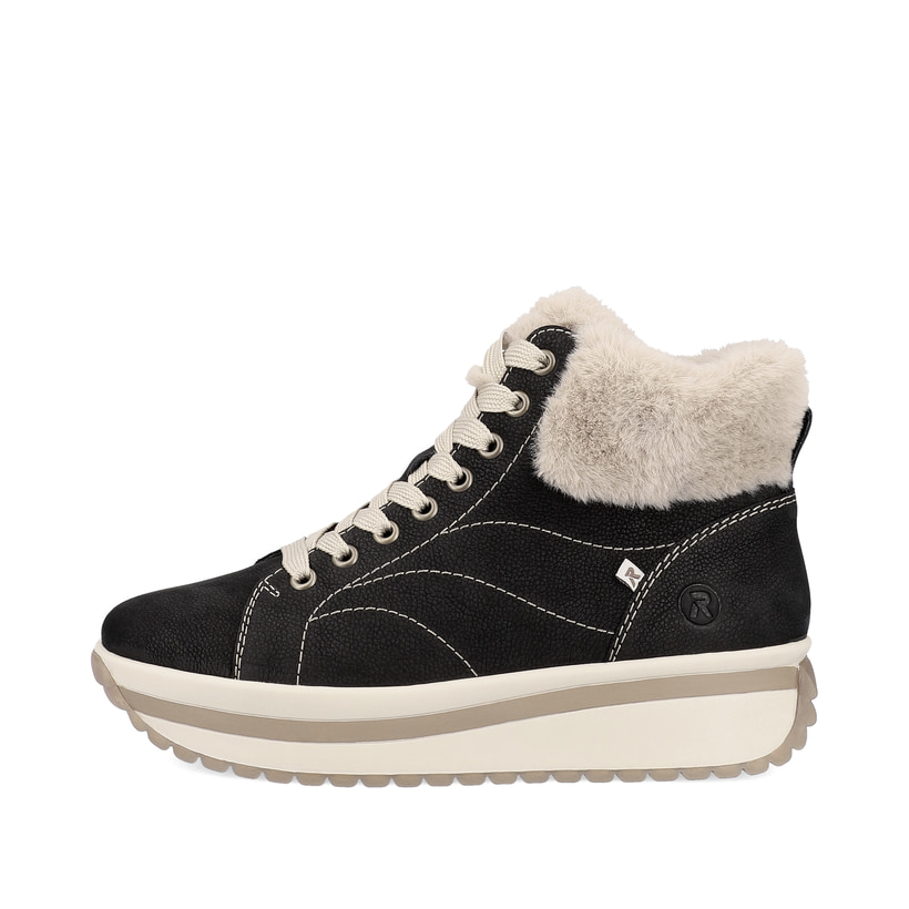 Schwarze Rieker Damen Sneaker High W0961-00 mit TR-Sohle mit weichem EVA-Inlet. Schuh Außenseite.