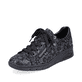 Schwarze Rieker Damen Schnürschuhe N3302-90 mit einem Reißverschluss. Schuh seitlich schräg.