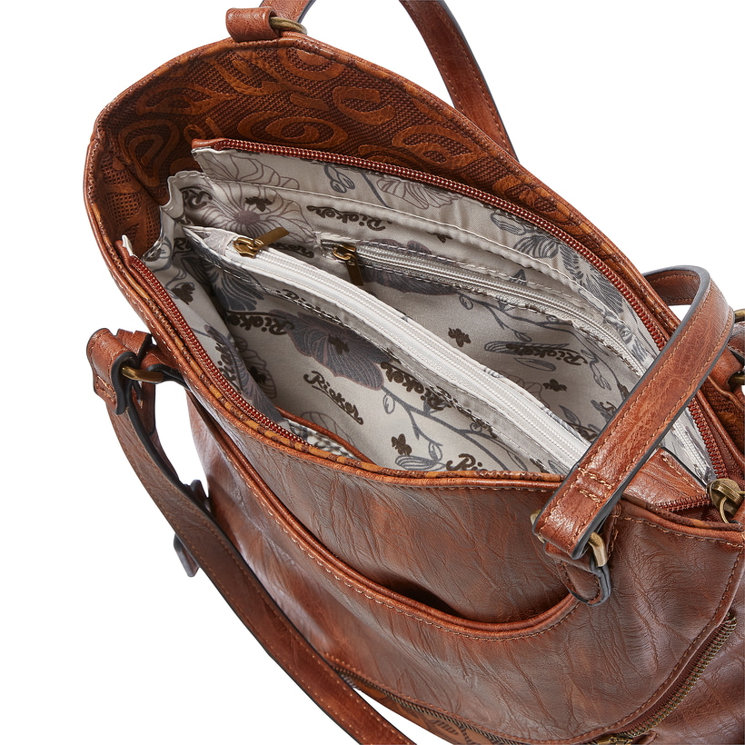 Rieker Damen Handtasche H1025-22 in Kastanienbraun aus Kunstleder mit Reißverschluss. Handtasche geöffnet.