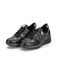 
Nachtschwarze remonte Damen Sneaker D2400-01 mit einer flexiblen Sohle mit Keilabsatz. Schuhpaar schräg.