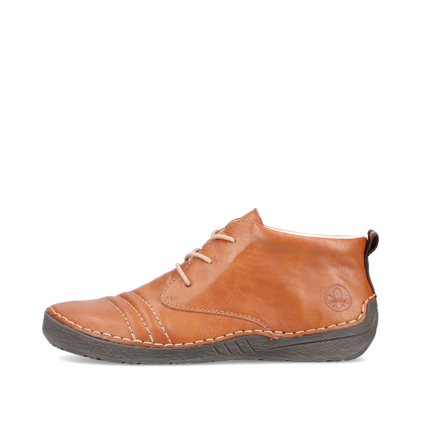 Karamellbraune Rieker Damen Schnürschuhe 52532-24 mit einer schockabsorbierenden Sohle. Schuh Außenseite.